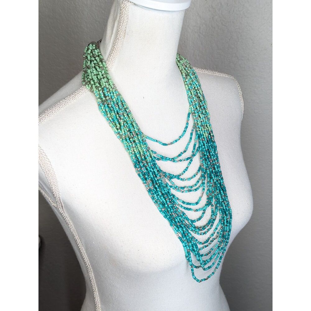 Turquoise String Bead Multi Strand Waterfall Necklace 16" Boho Indie Southwest - Picture 3 of 8